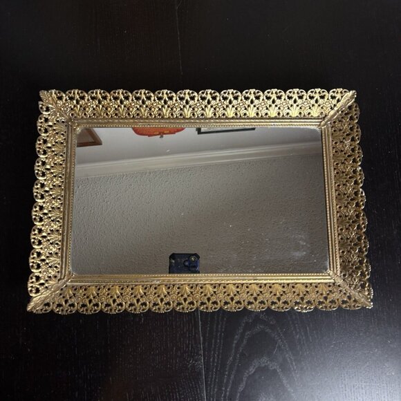 Vintage 40s/1940s Mid Century Gold Mirror Vanity Perfume Tray Hollywood Regency - Picture 1 of 5